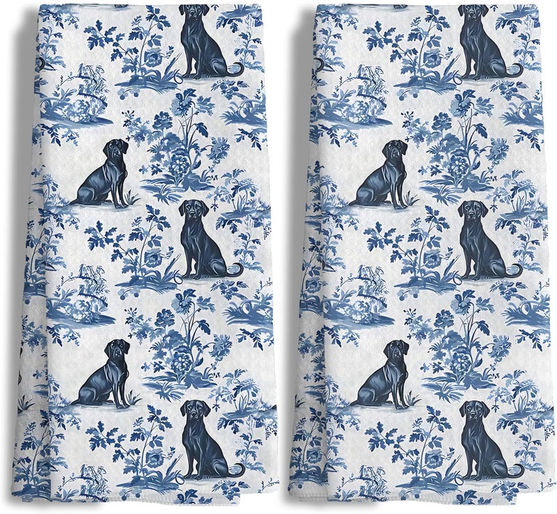 Nipil Chinoiserie Labrador Retriever Kitchen Towels Set of 2, Blue and White Botanical Grandmillennial Dog Decorative Dish Tea Towels, Labrador Retriever Gifts for Kitchen Bathroom Decor, 16x24 Inch - Image 1